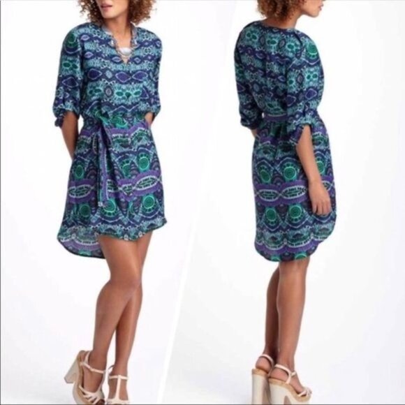 Anthropologie | Maeve Frequencies Turquoise Ikat Belted Hi-Lo Shirtdress Size‎ M - Picture 7 of 7